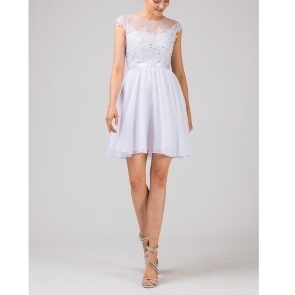 EUREKA FASHION Chiffon Dress Sheer Lace Bodice White/silver # 3633 size medium